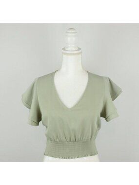 Feel In Women's Small Green Woven V-Neck Flutter Sleeve Shirred Blouse